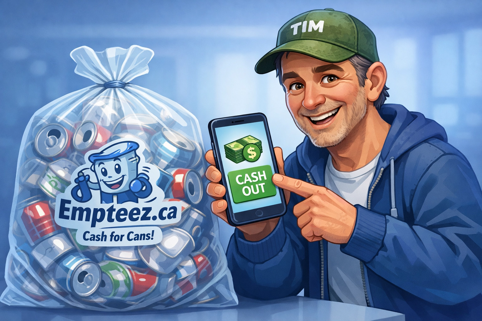 Cash out anytime: Tim “Can Man” Kemsley showing how easy it is to redeem your can earnings
