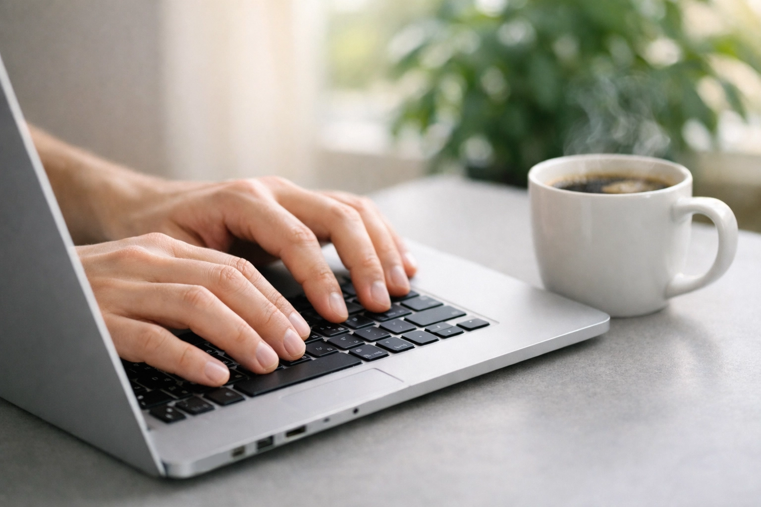 Hands typing on a laptop next to coffee, representing a seamless business workflow with Odoo accounting.