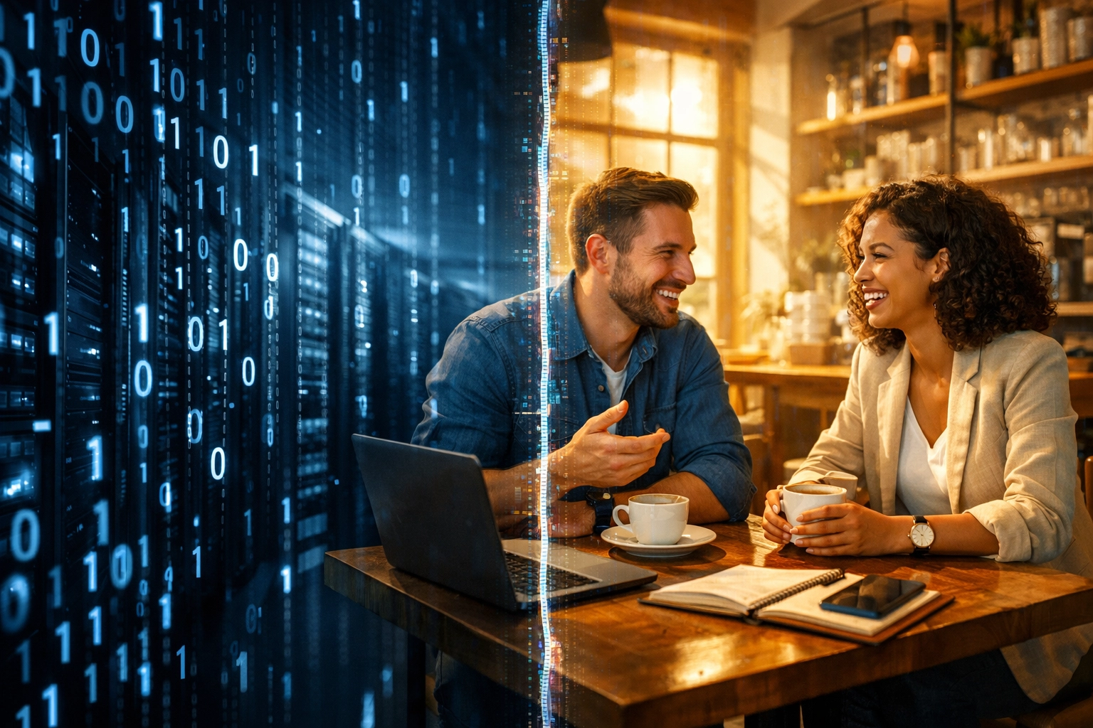 Comparison of cold digital algorithms and warm human connection between entrepreneurs networking in a cafe.