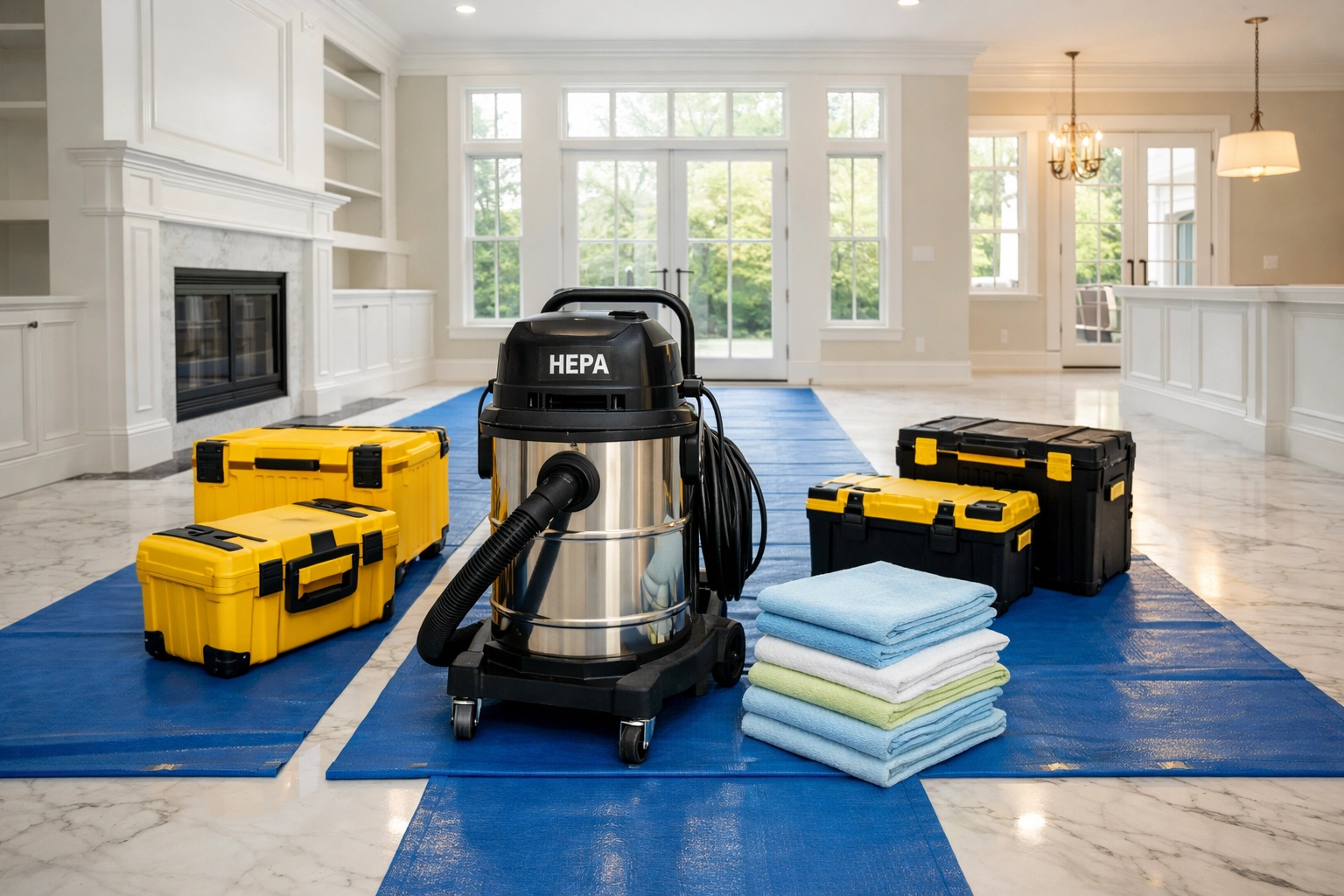 Professional post-construction cleaning MA setup in a luxury living room with a HEPA vacuum.
