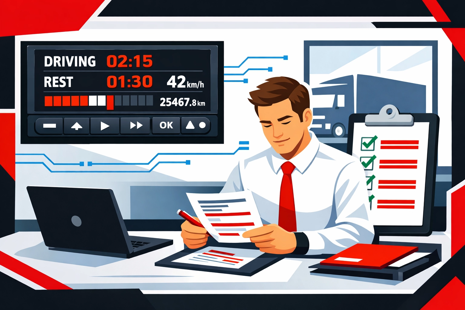 Transport manager reviewing DVSA compliance documents and tachograph records at desk