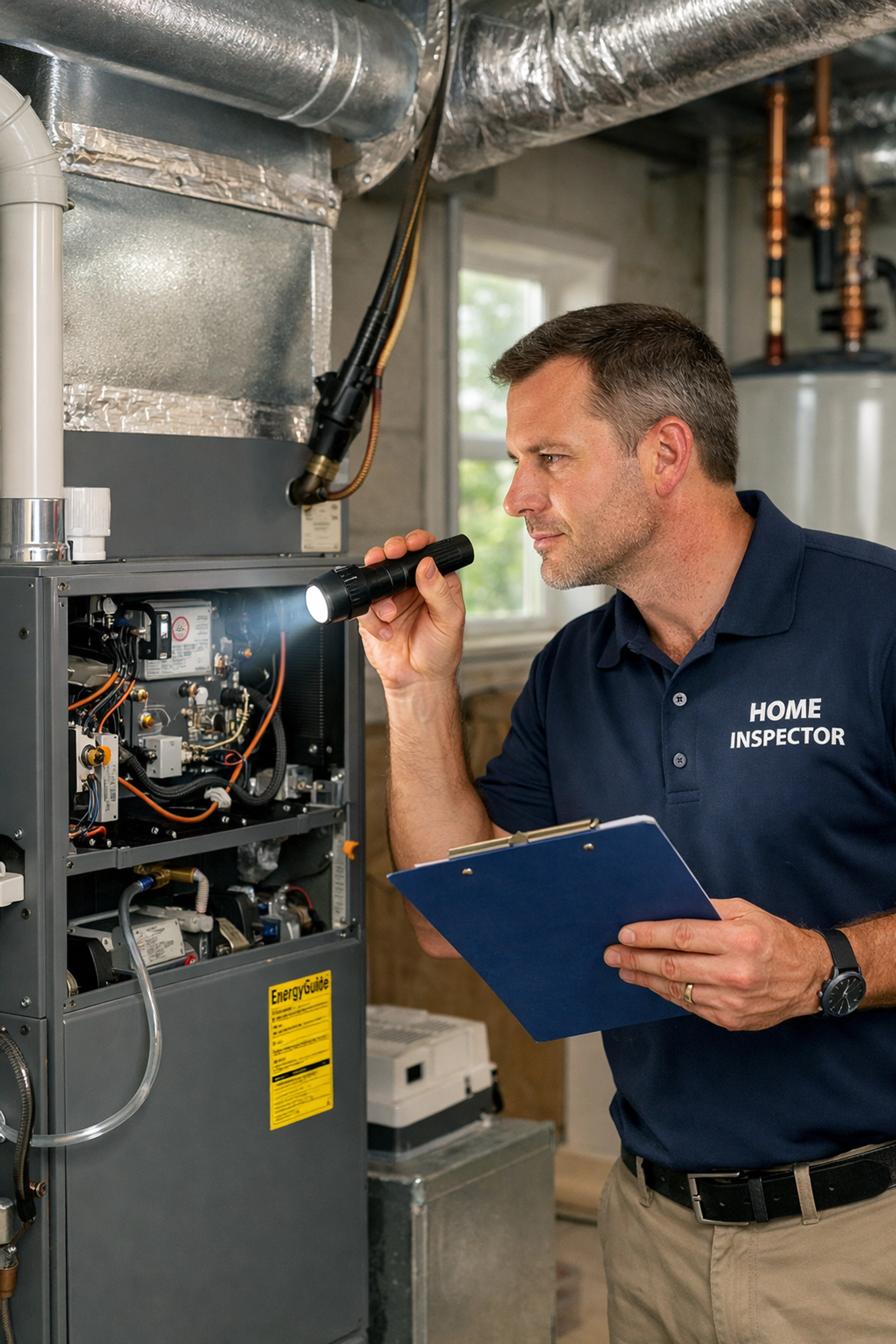 Home inspector examining HVAC system during Nashville property inspection