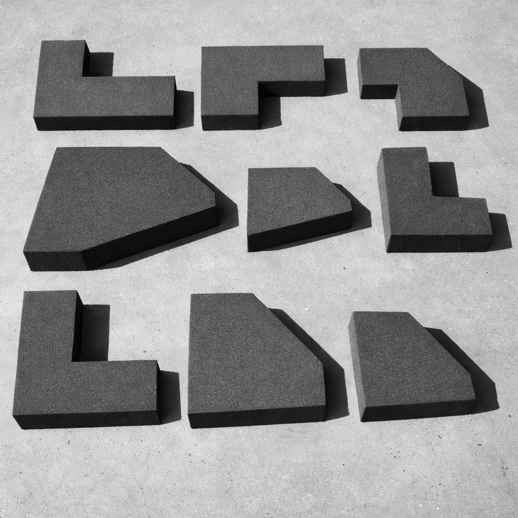 Various custom-shaped foam pieces including L-shapes for bespoke furniture and seating projects.