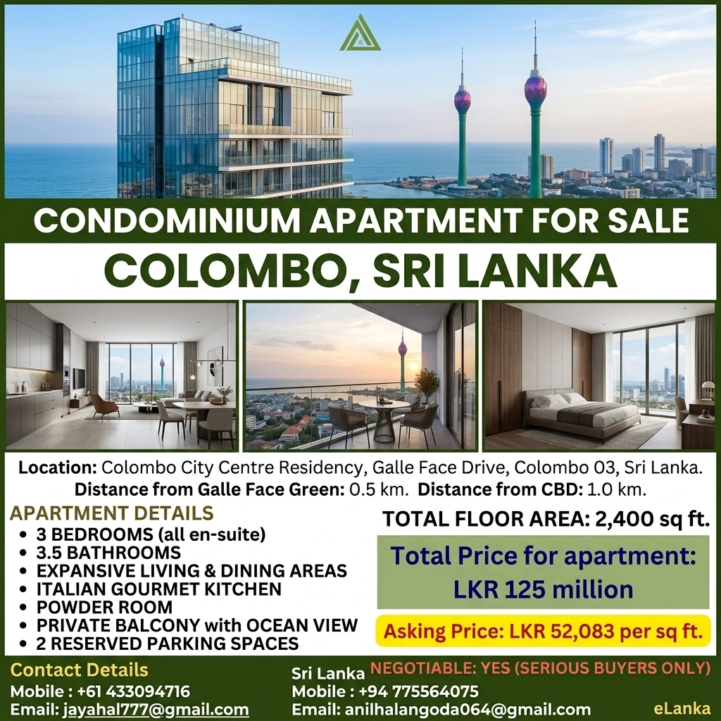 A modern, luxury high-rise condominium apartment in Colombo, Sri Lanka, featuring minimalist chic interior and skyline views.