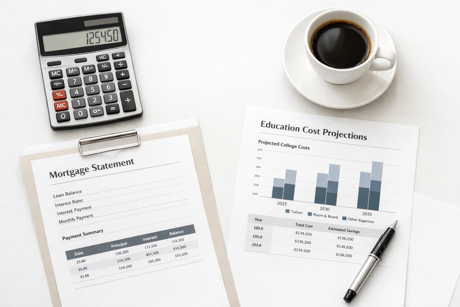 Financial planning workspace with calculator and documents for calculating life insurance coverage needs