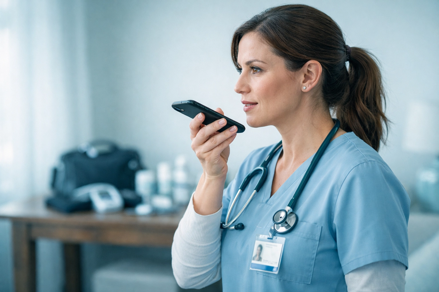 Home health therapist recording voice notes for Medicare compliant documentation using mobile dictation software.