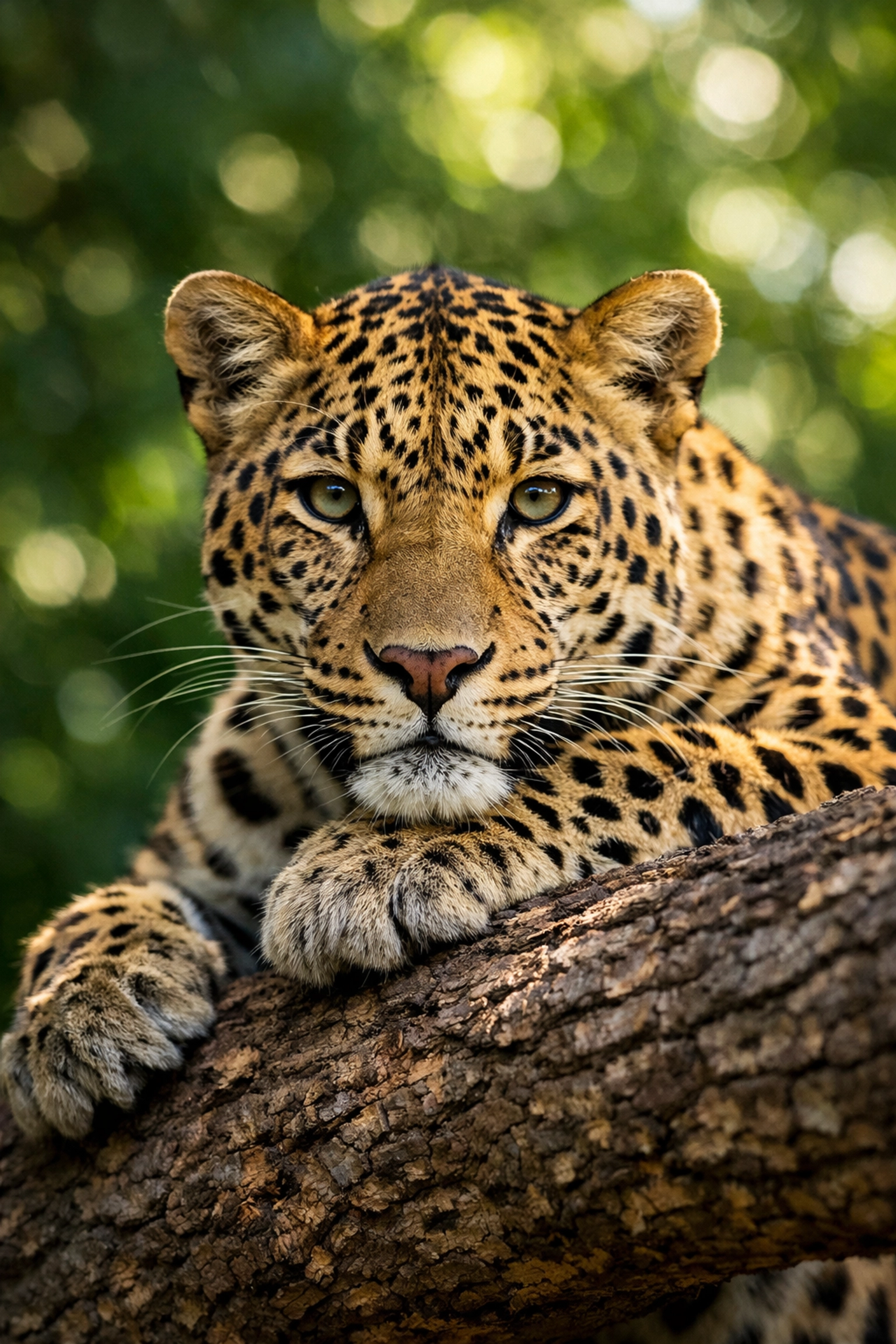 High-quality leopard portrait on a tree branch, demonstrating professional stock photos for sponsored animal pages.
