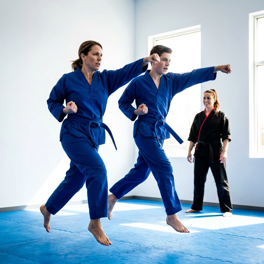 Mother and teen son practicing karate punches together at Huddersfield martial arts class, coached by expert instructor