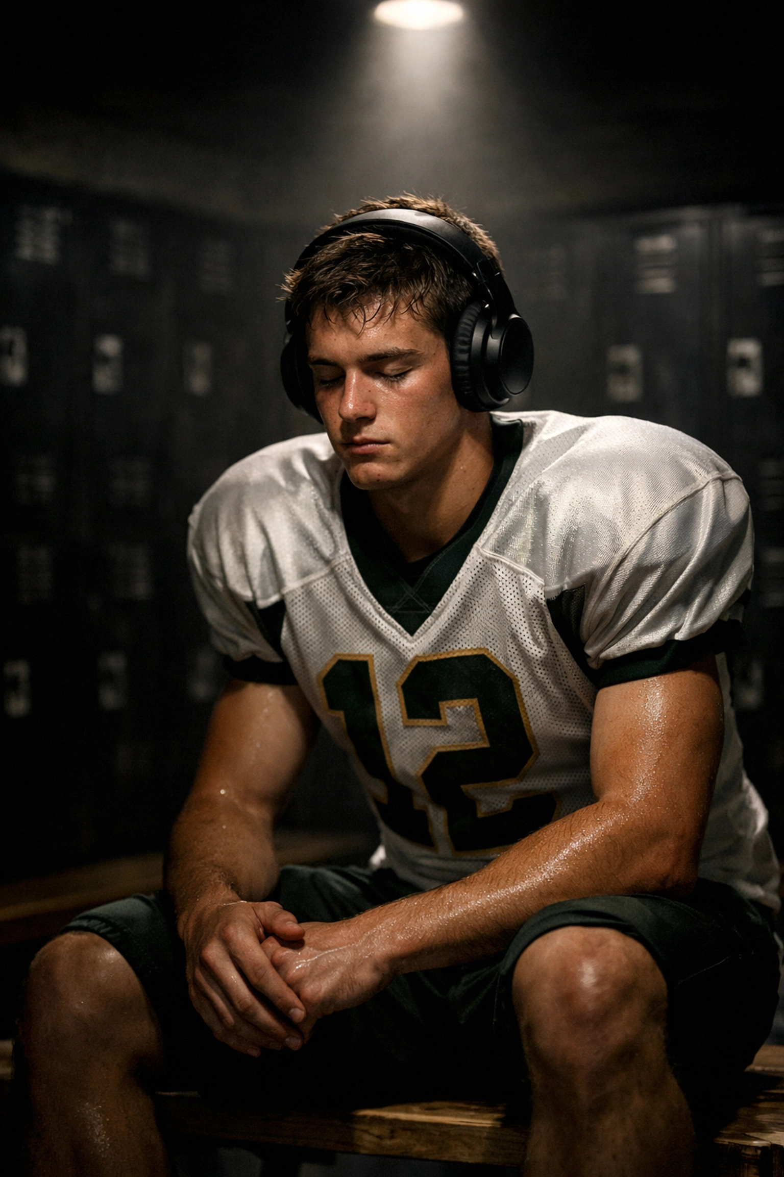 High school athlete practicing mental visualization and pre-game rituals in a locker room.