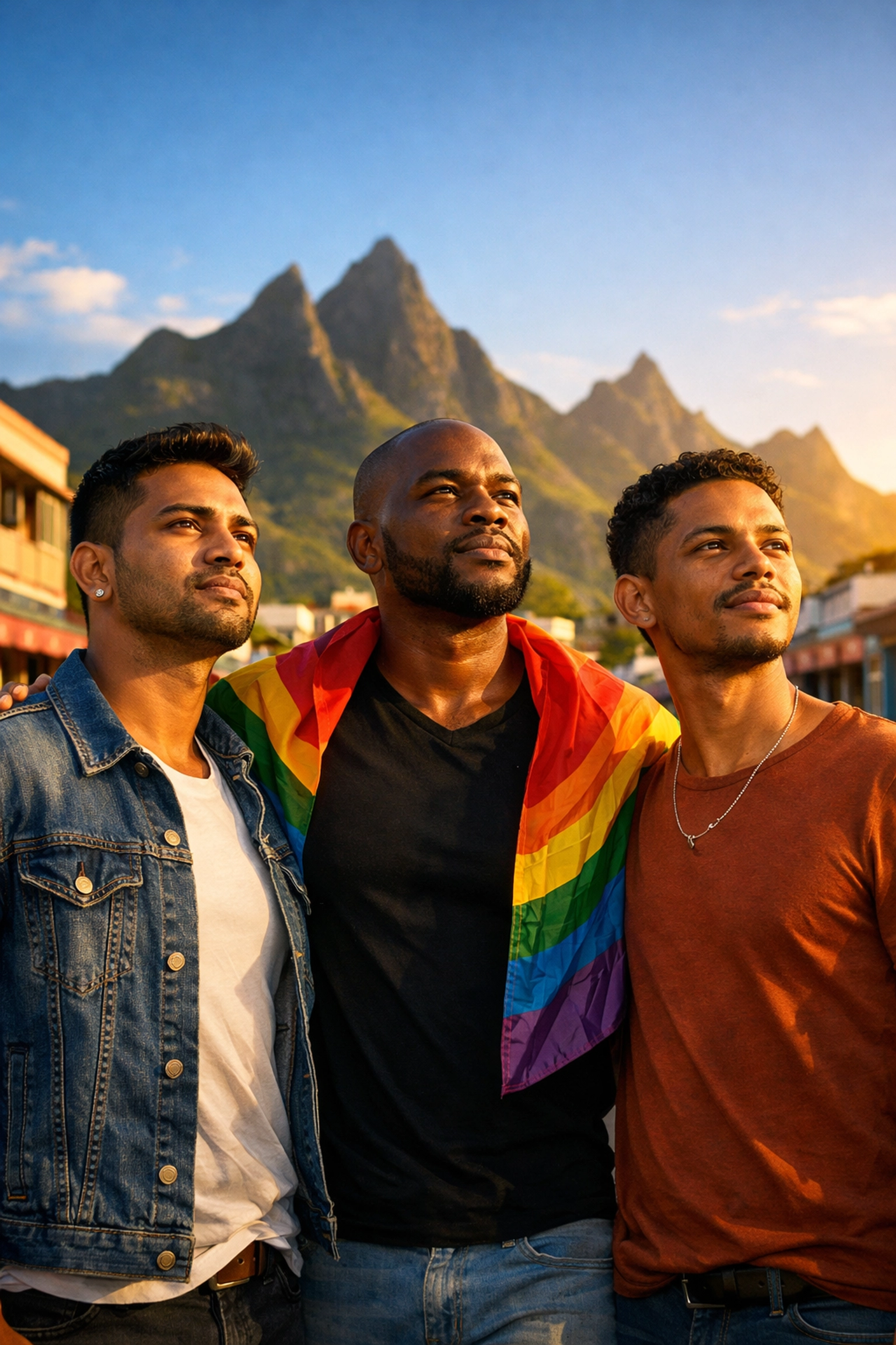 Diverse gay activists in Mauritius standing in solidarity for LGBTQ+ equality and legal rights.