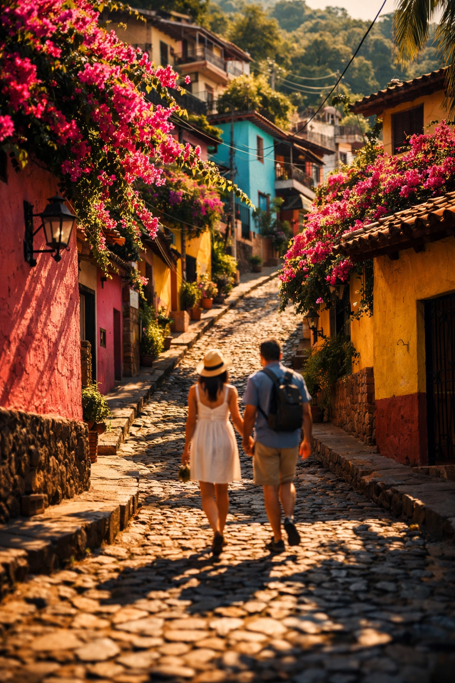 Colorful cobblestone streets and romantic atmosphere in Amapas neighborhood Puerto Vallarta