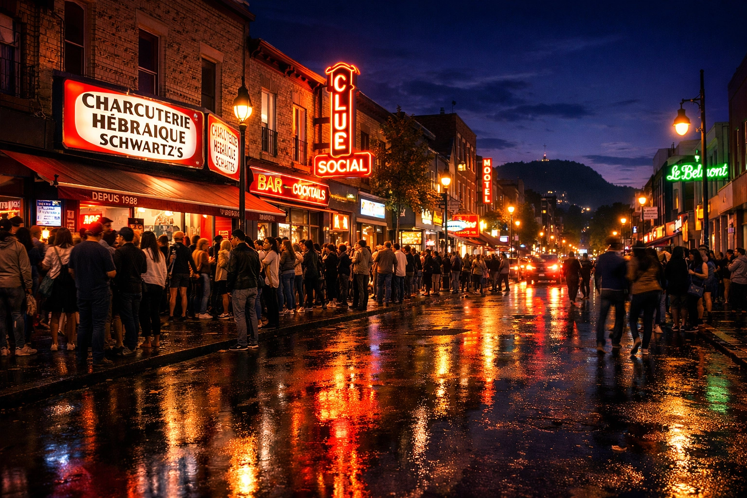 A busy night scene on Montreal's Saint-Laurent Boulevard with glowing neon signs and 24-hour crowds.