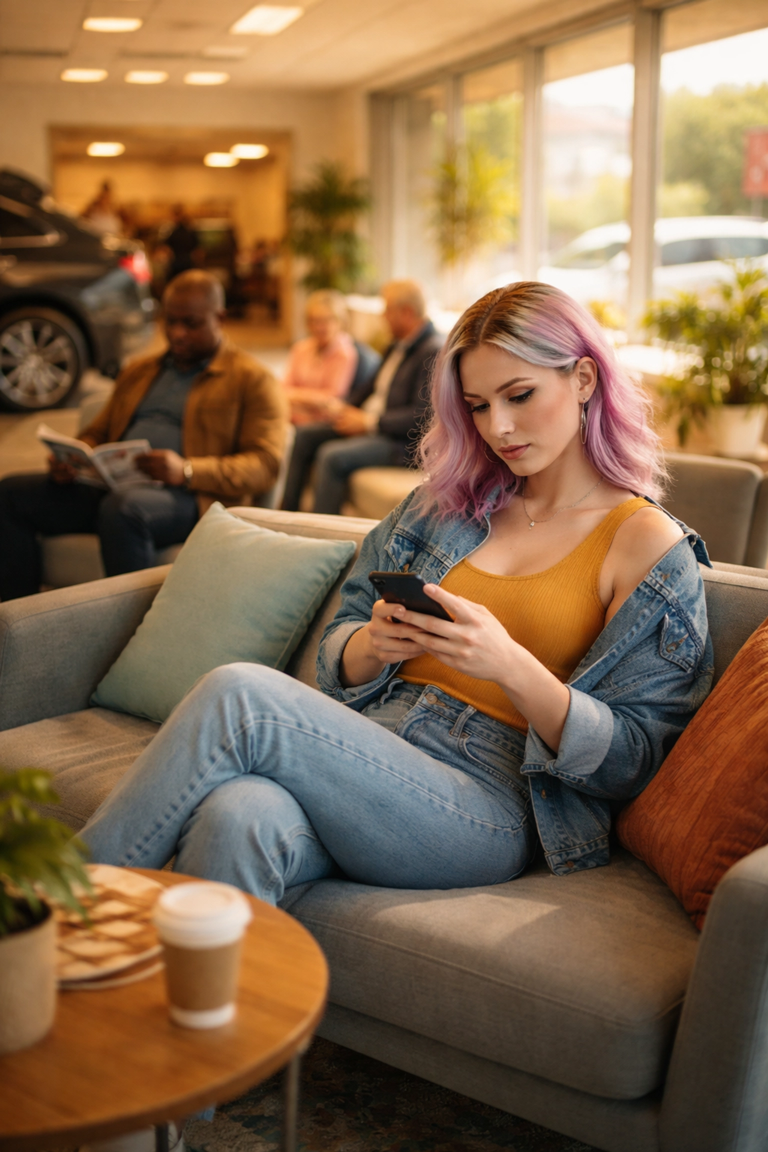 A diverse group of people, including a trans woman, relax in a welcoming auto shop waiting area with natural light, embodying an inclusive environment for lgbtq friendly businesses.