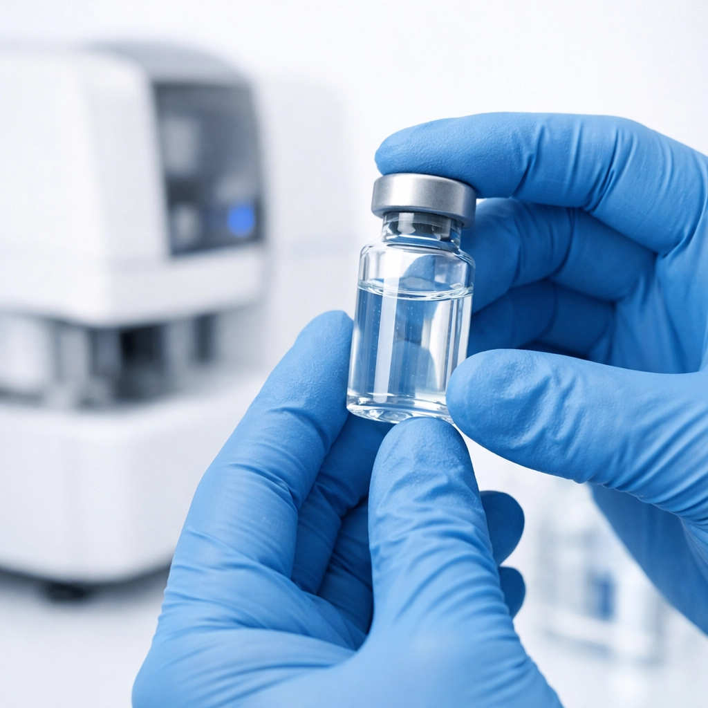 Healthcare professional holding a vial for semaglutide lab work in a modern medical laboratory.