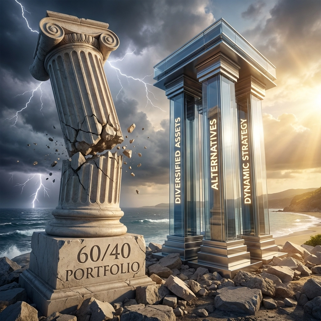 Symbolic image showing the shift from the outdated 60/40 portfolio to a modern diversified three-asset strategy, reflecting stability after market turbulence.