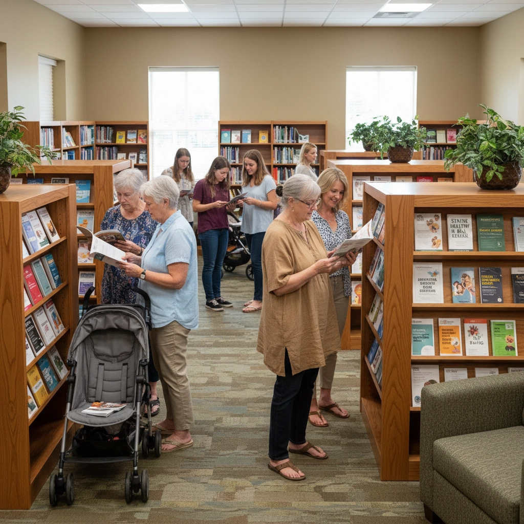 A photo of several women in a library looking at books and pamphlets together while the sun is streaming through two windows in the background. There is a baby stroller in the front left. 50+ Free Resources Every Urban Woman Should Know