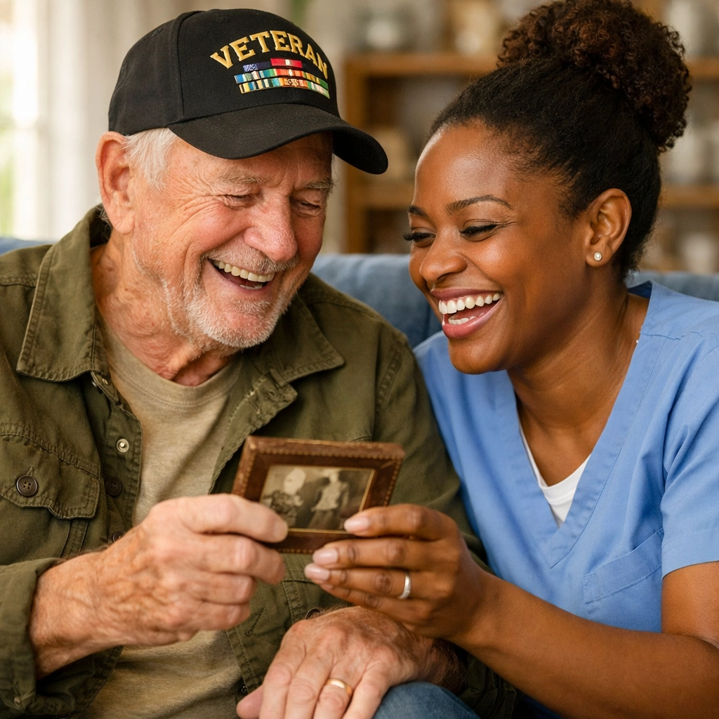 A senior veteran and home care companion sharing a laugh, highlighting multicultural care in Warrenton.
