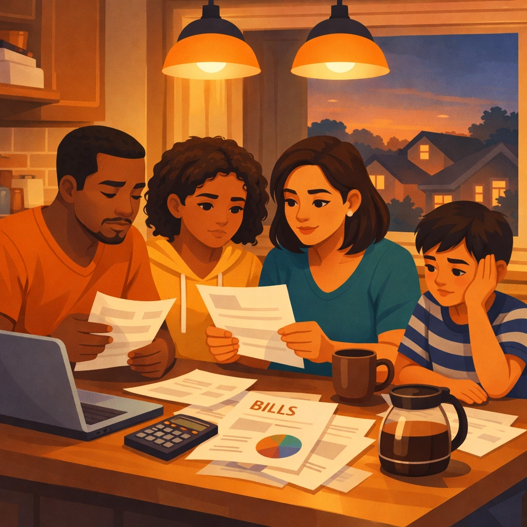 Family reviewing household bills and budget together at kitchen table