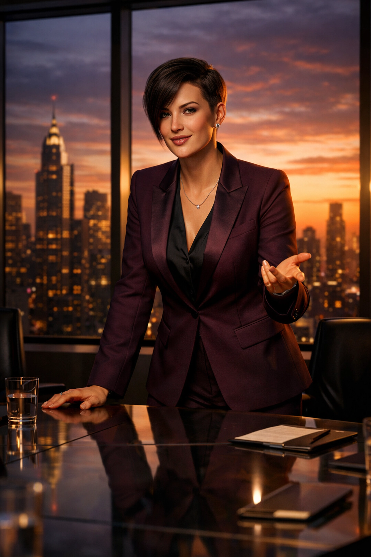 A lesbian executive in a power suit leading a meeting to break the lavender ceiling in professional spaces.