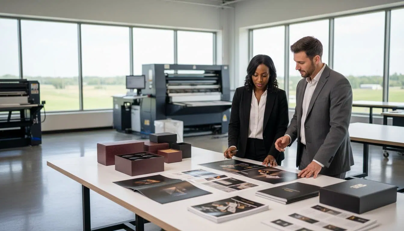 Two professionals in business attire review high-quality printed materials, including books, brochures, and sample boxes