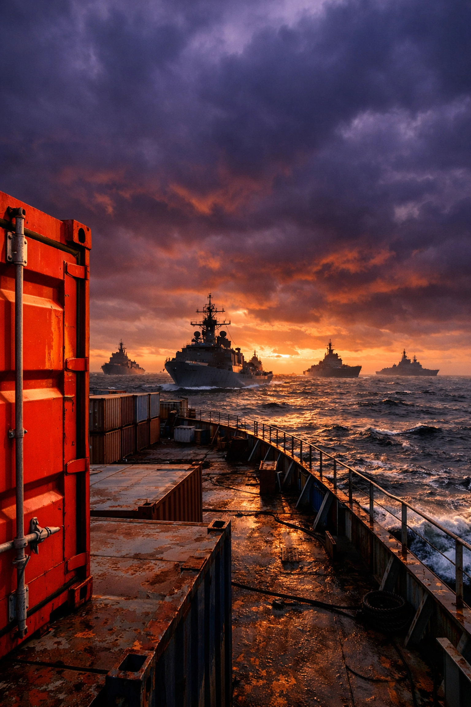 A cargo ship deck facing a line of warships at sunrise, illustrating the U.S. naval blockade on global trade.