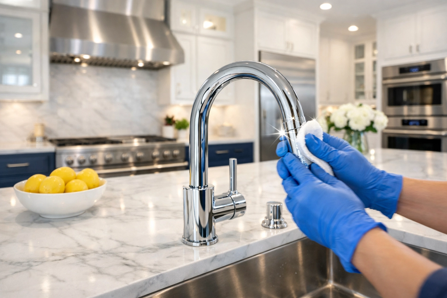 Professional residential cleaning Massachusetts service polishing a chrome faucet in a luxury Dover kitchen.