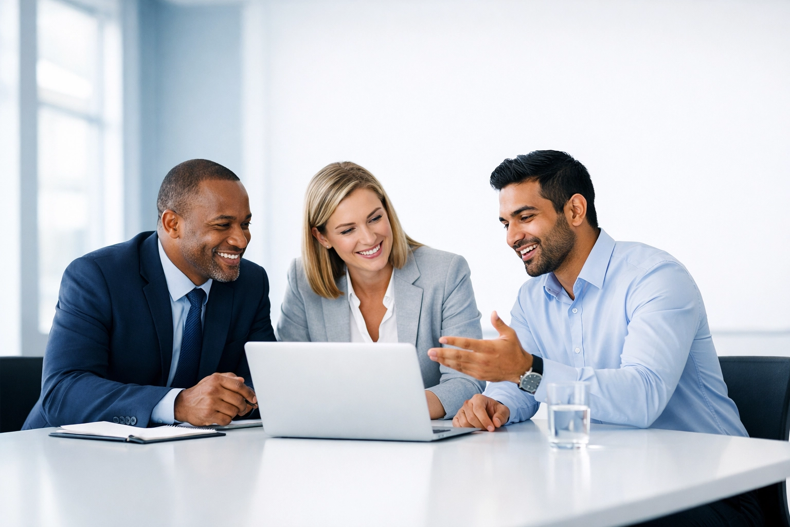 Engaged sales team collaborating in a corporate meeting room during a training session for skill development.