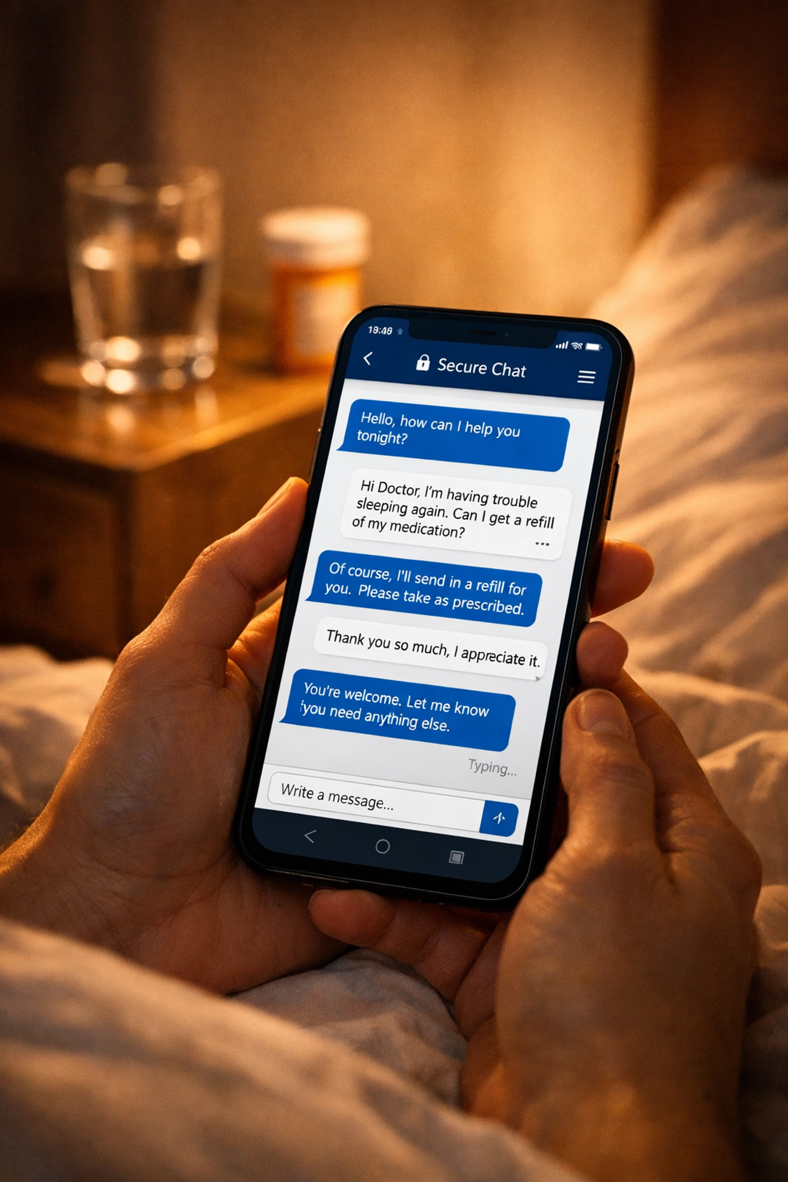 Person using a smartphone for a secure online medical chat with a doctor for 24/7 healthcare and prescriptions.