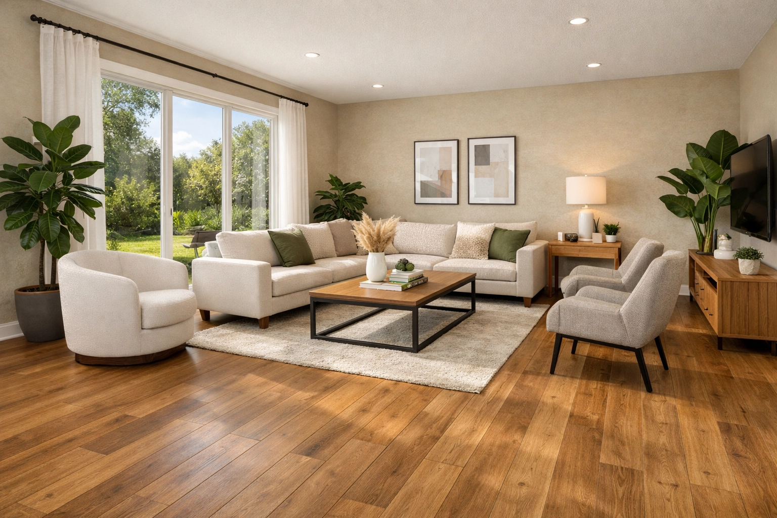 Modern Orlando living room with luxury vinyl plank flooring and climate-smart home remodeling design