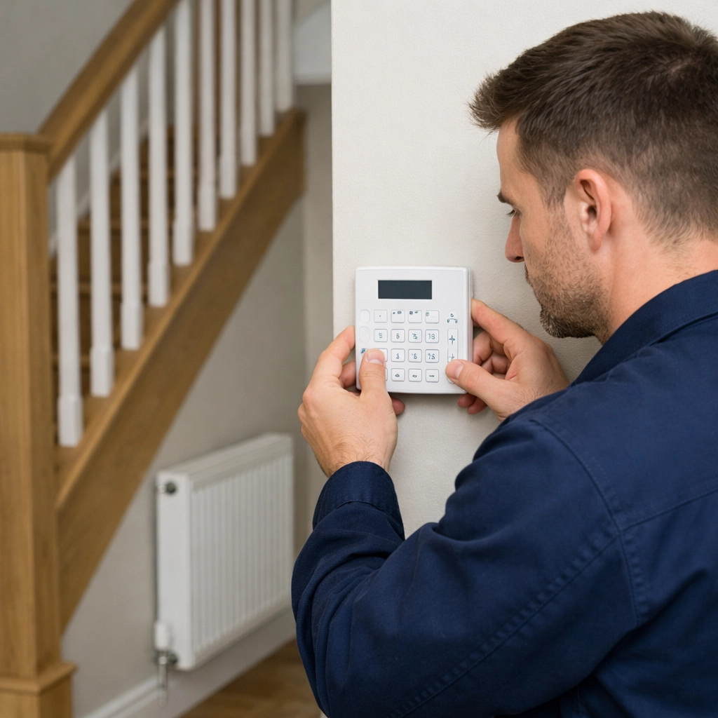 Professional intruder alarm installation in a Somerset home hallway by a security expert.