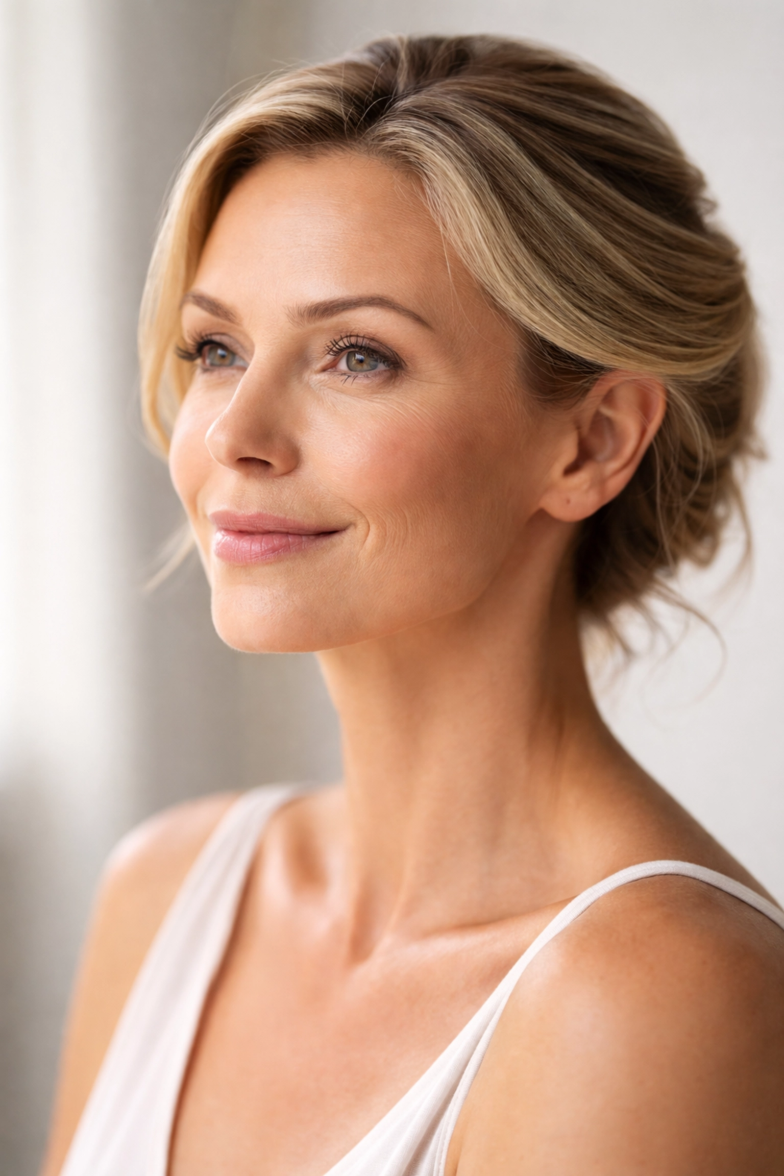 Woman with lifted jawline and radiant skin after PDO thread facelift, natural rejuvenation results.