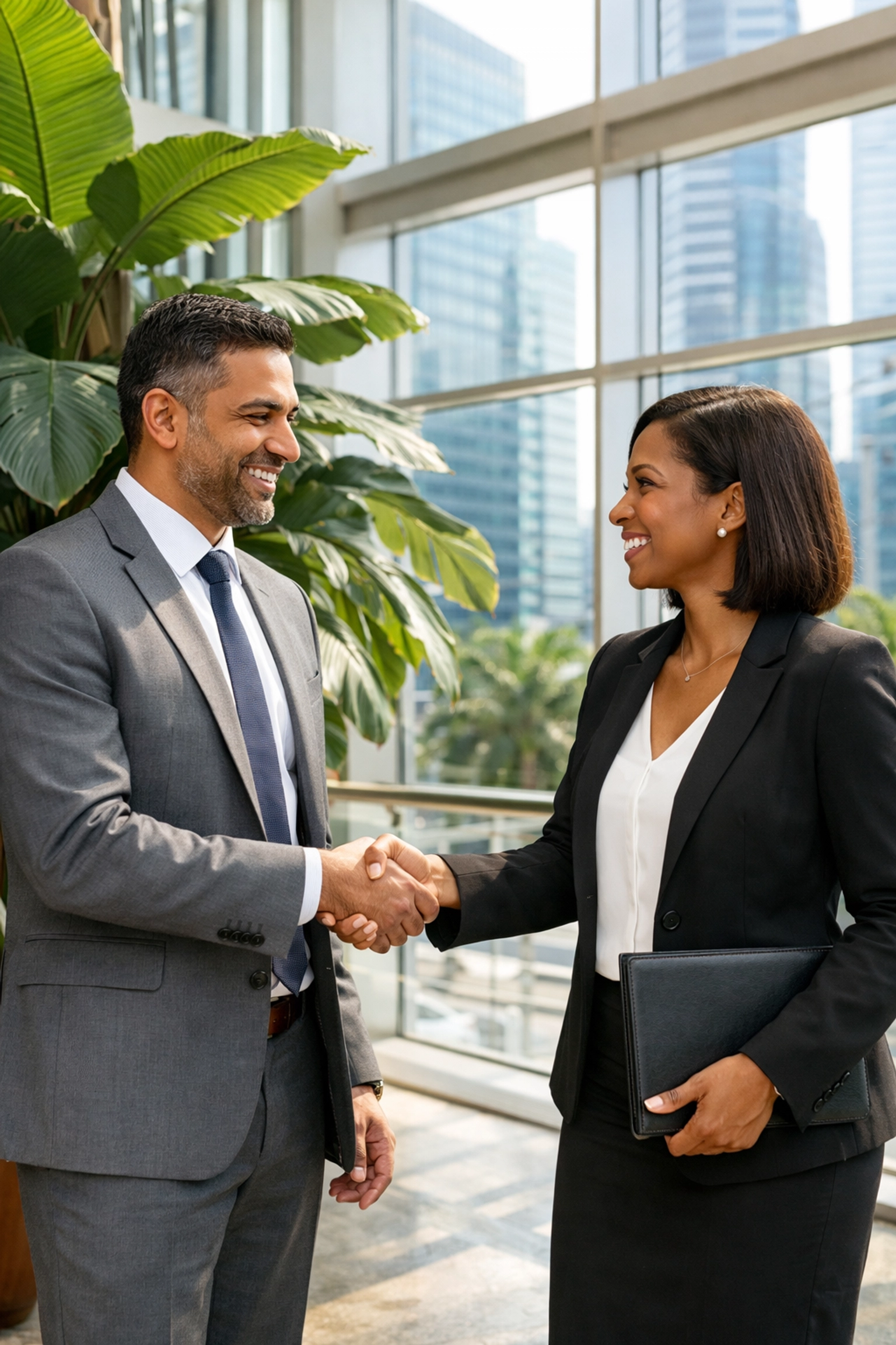 Business professionals shaking hands in an international office setting to symbolize global partnerships.