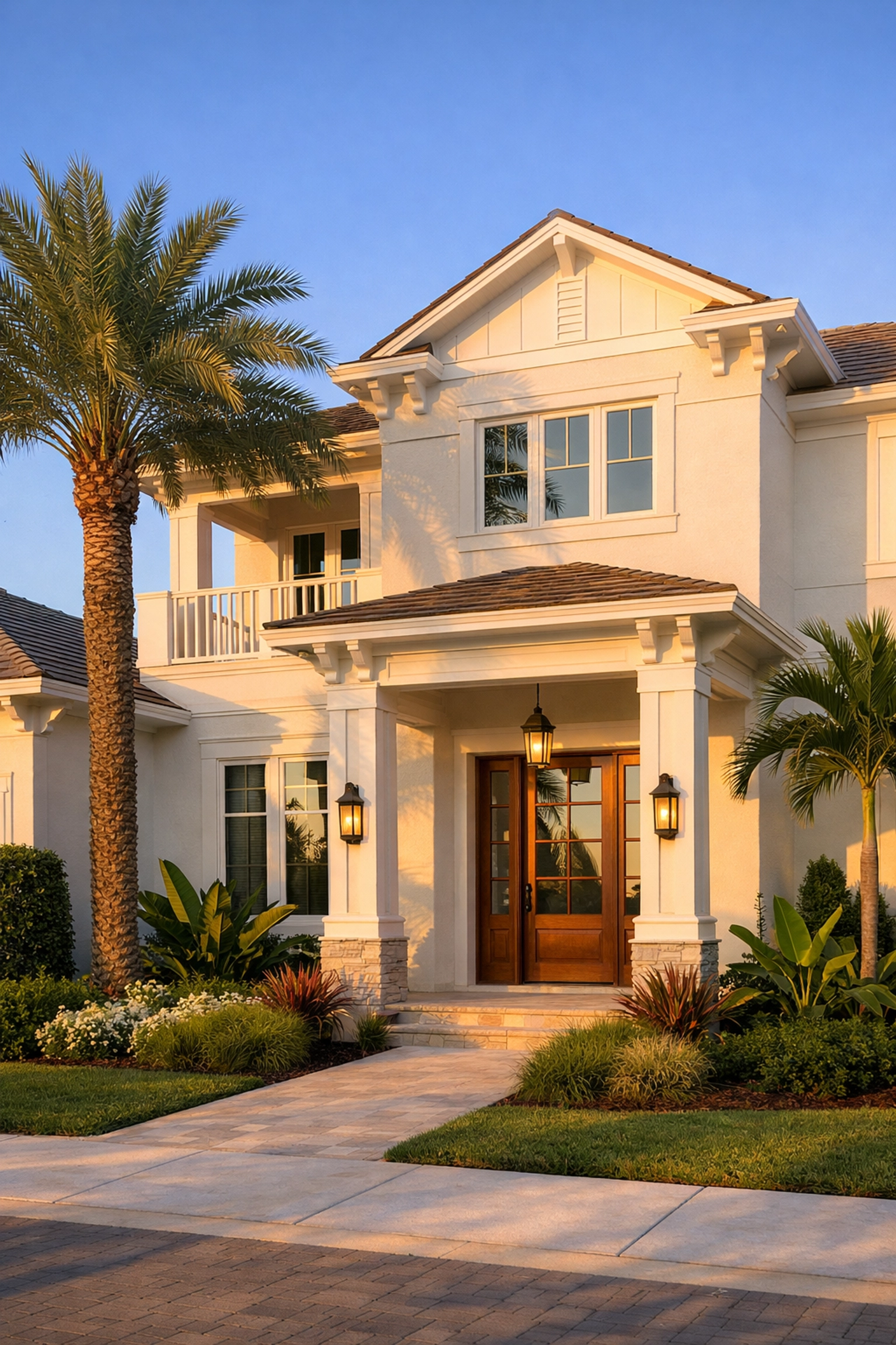 Orlando home exterior painted soft white with tropical landscaping and curb appeal