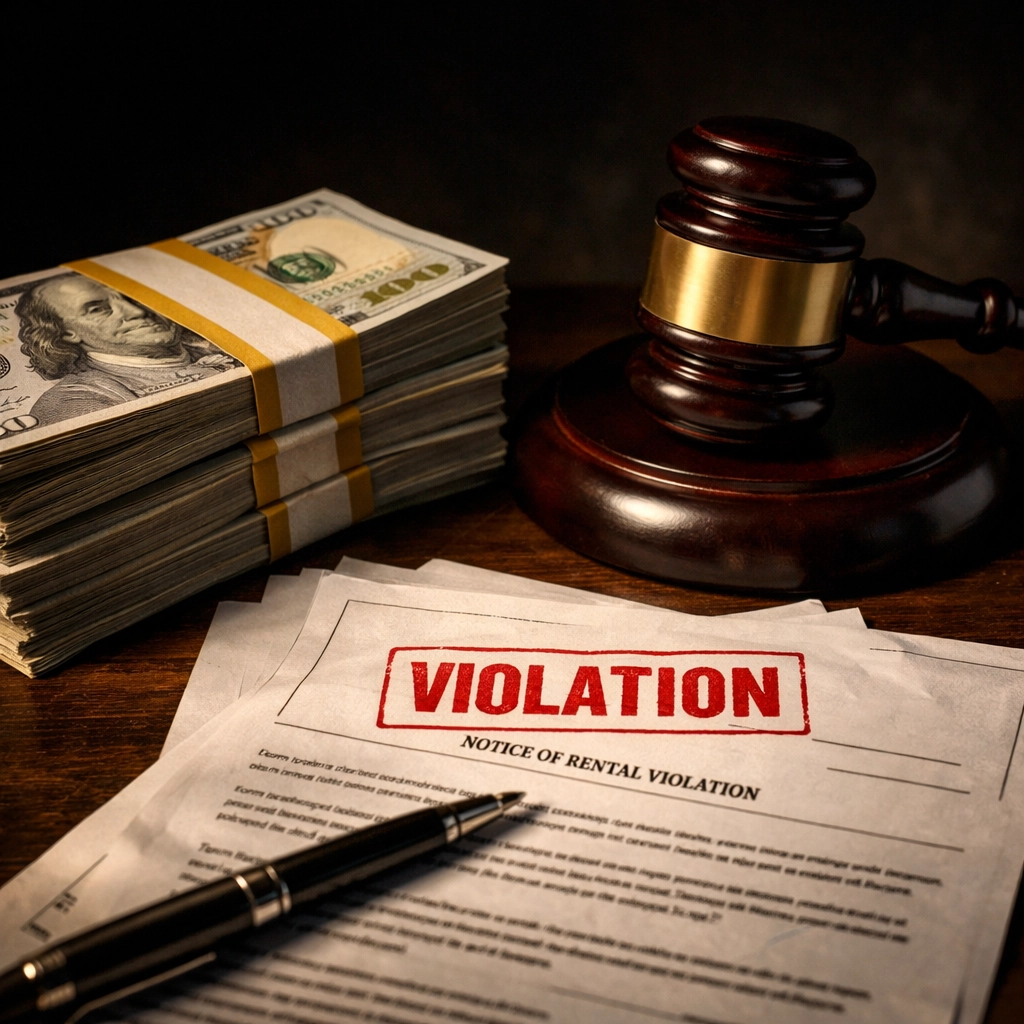 Cash and violation notice showing Cape Coral short-term rental fines and penalties