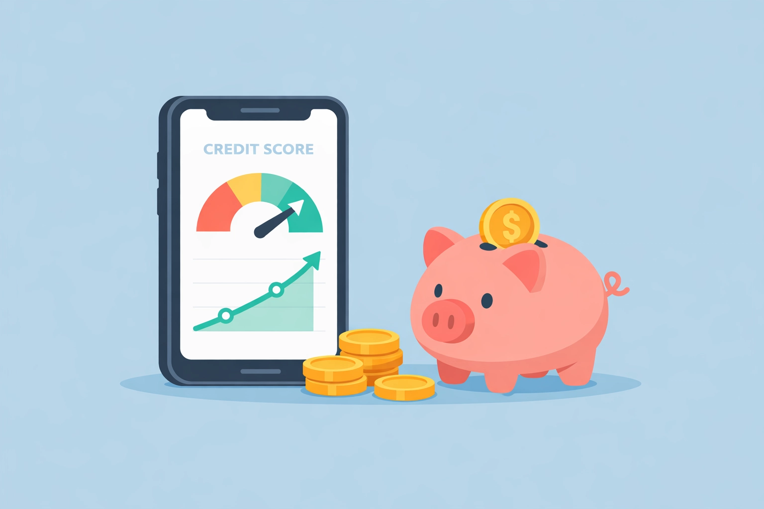 Teléfono mostrando gráfica de score de crédito subiendo junto a alcancía representando ahorro en monitoreo