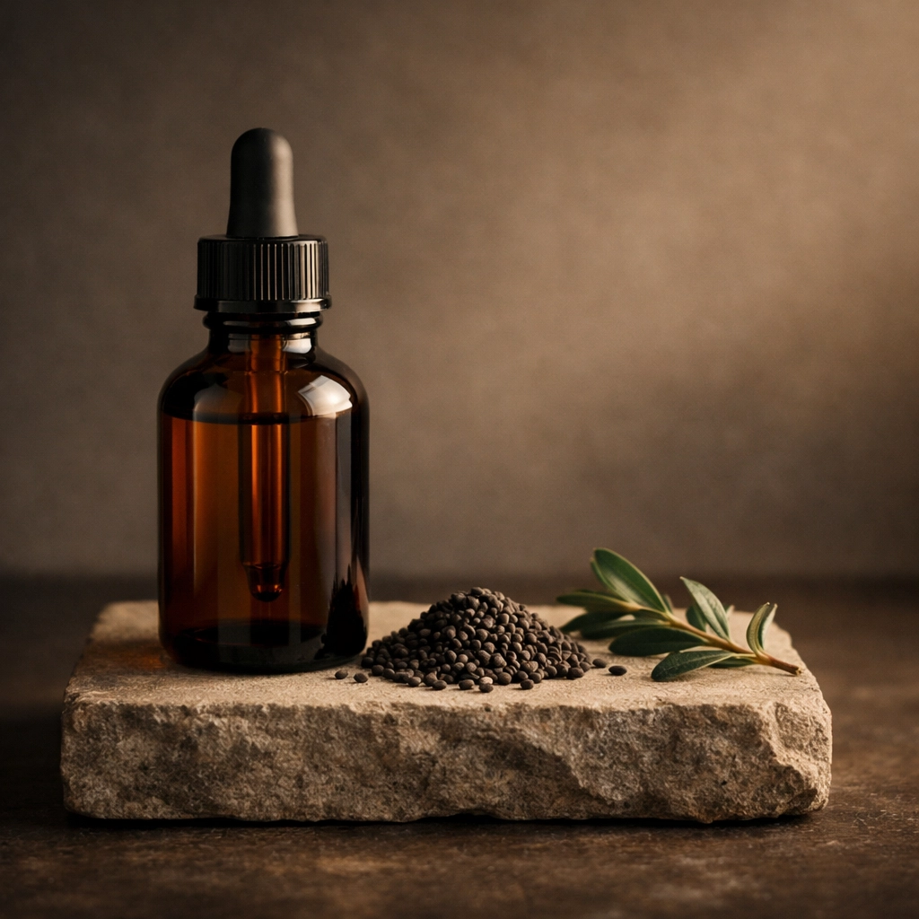 Premium beard oil bottle next to raw broccoli seeds, illustrating high-quality cold-pressed ingredients.