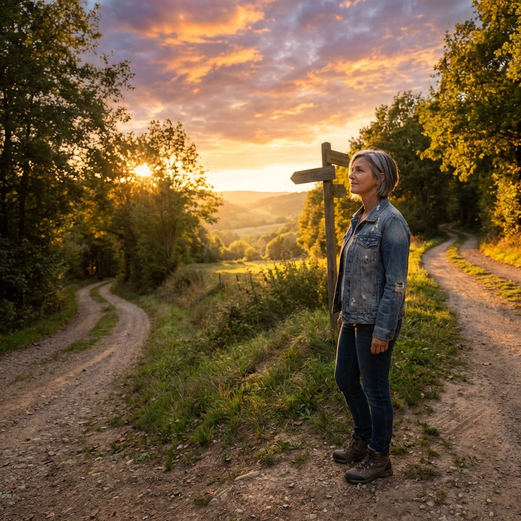 Confident woman in her 60s stands at a crossroads, symbolizing key retirement planning decisions and Social Security timing.