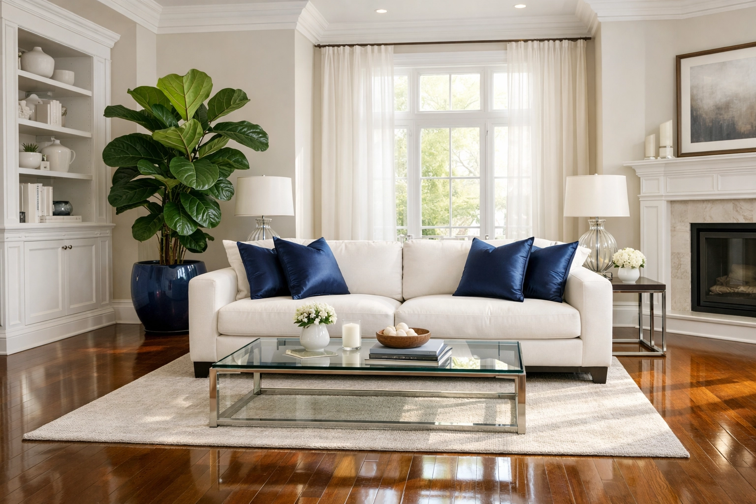 A spotless, allergen-free living room showing the health-focused results of recurring house cleaning services MA.
