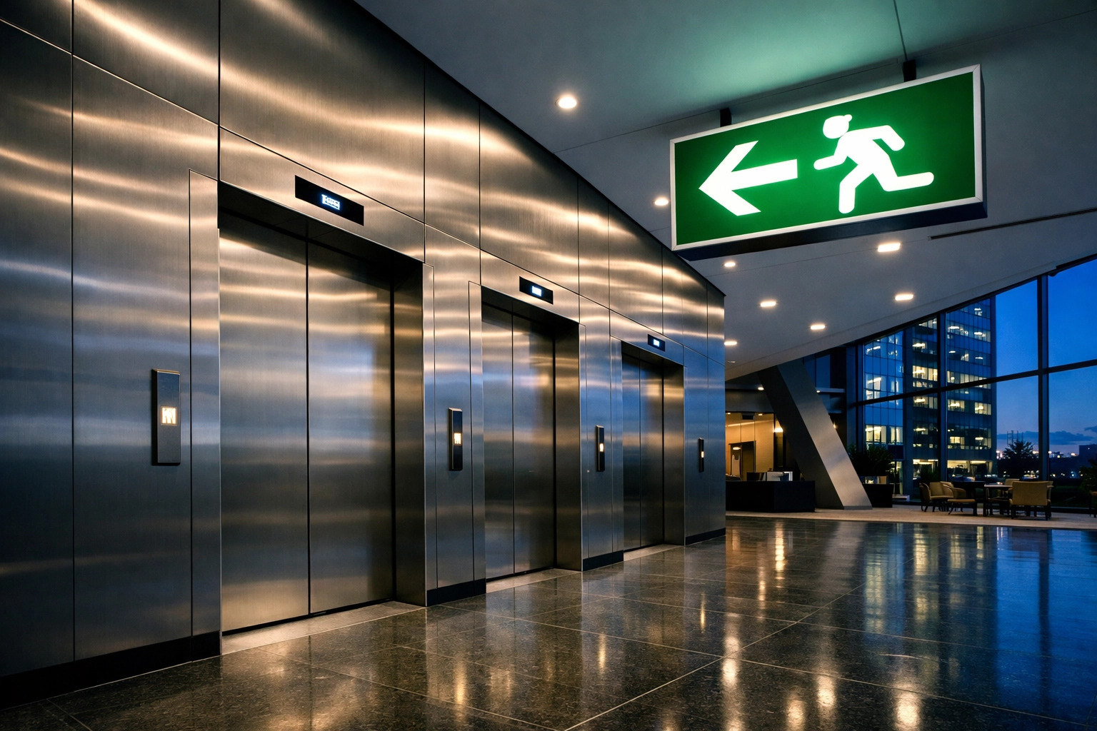 Modern building lobby showing life safety systems like elevators and emergency exit signs powered by backup systems.