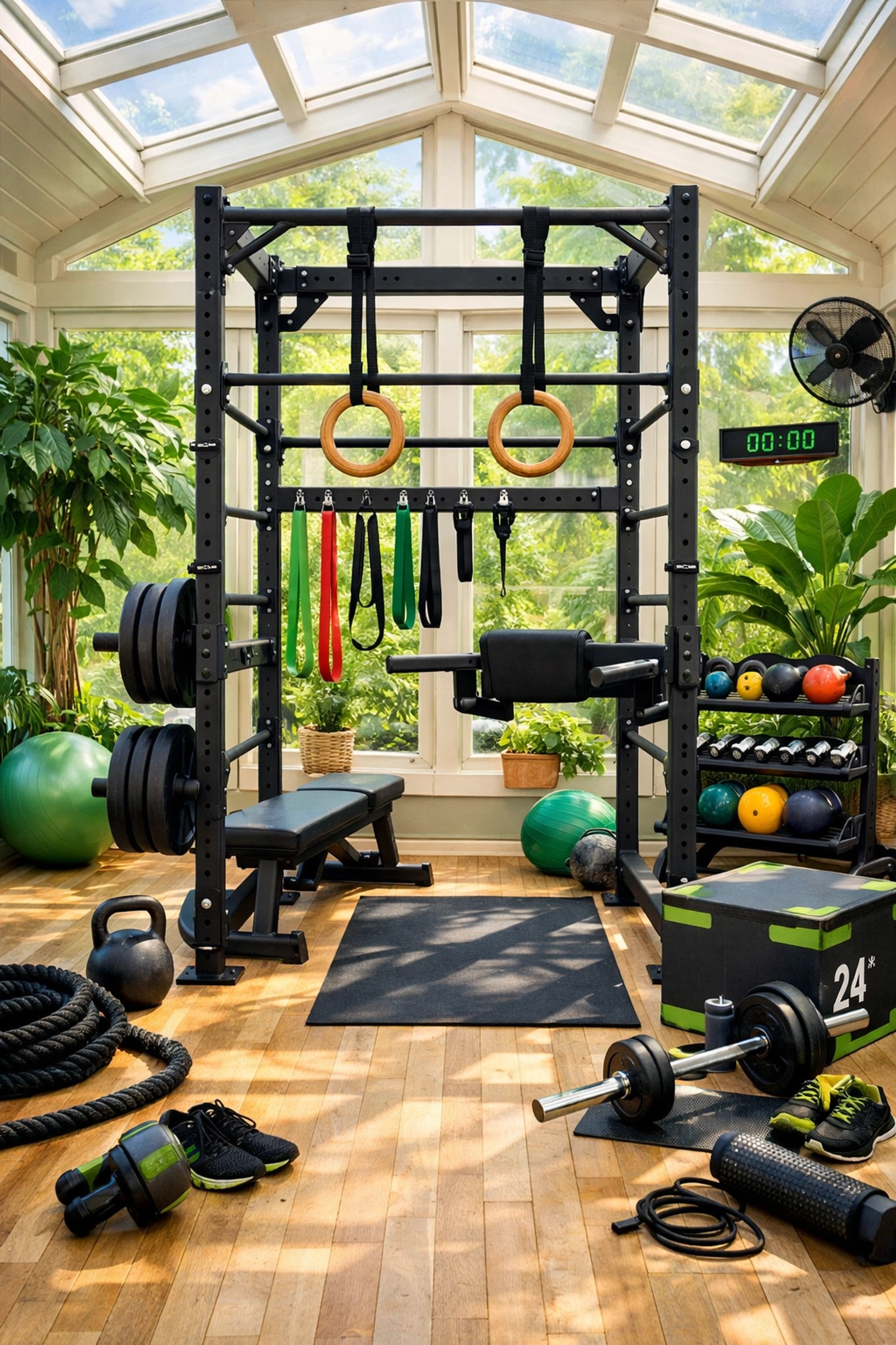 Versatile home gym setup featuring a pull up bar alternative and attachments for a full body workout.
