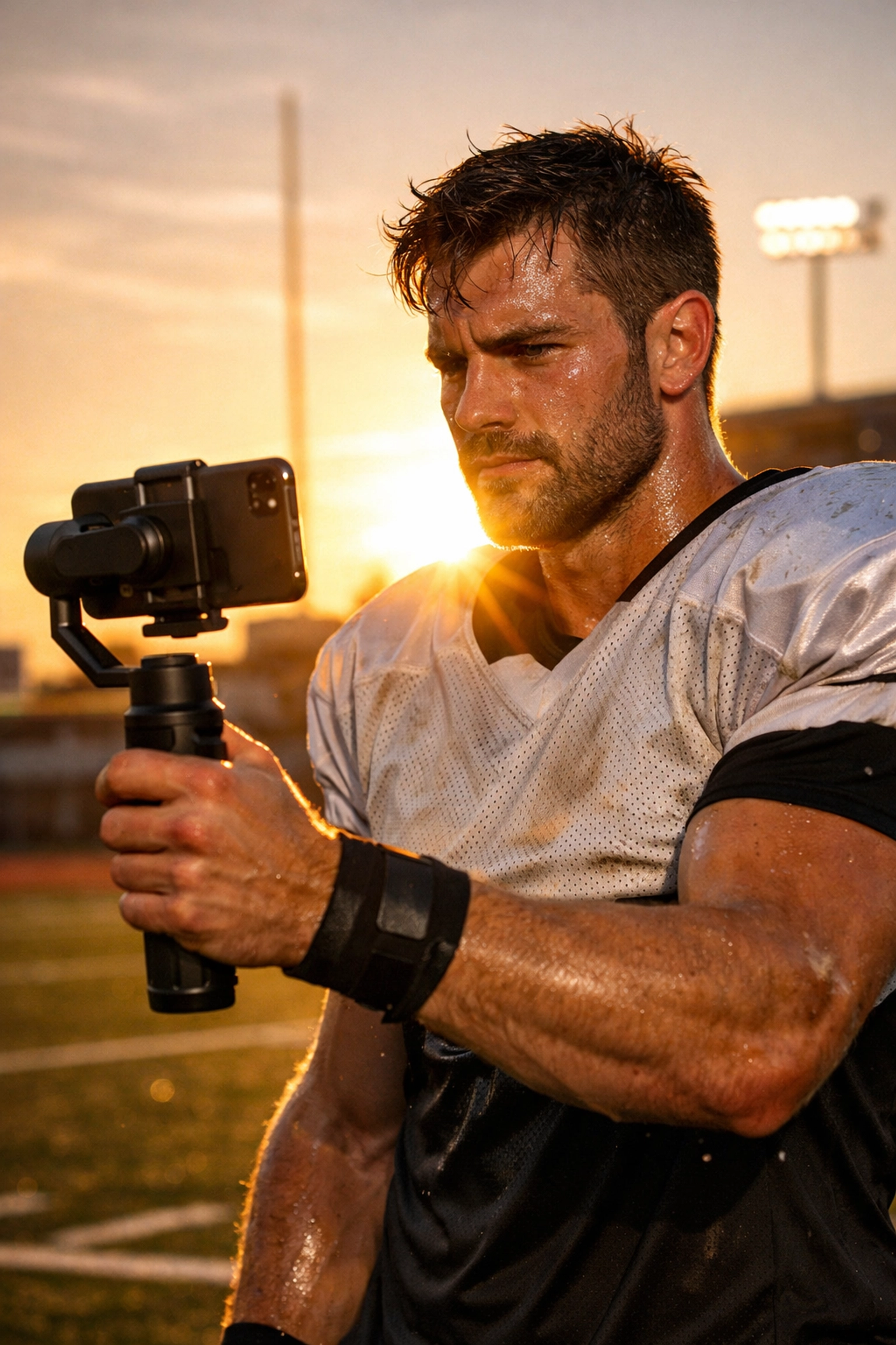 A football player on a practice field recording high-quality behind-the-scenes video for an NIL athlete-brand partnership.