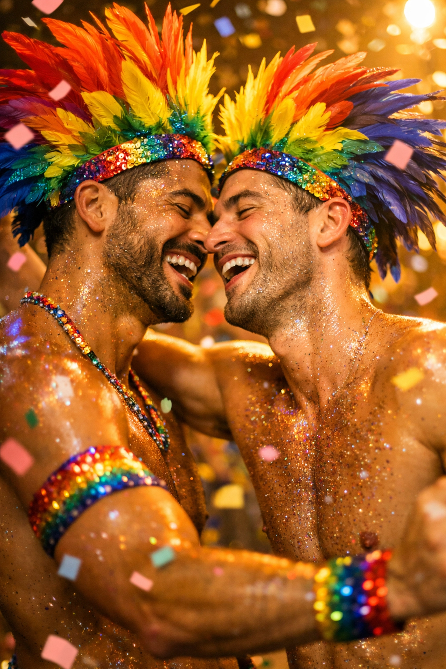 Gay couple dancing together at Rio Carnival celebration covered in glitter and rainbow feathers