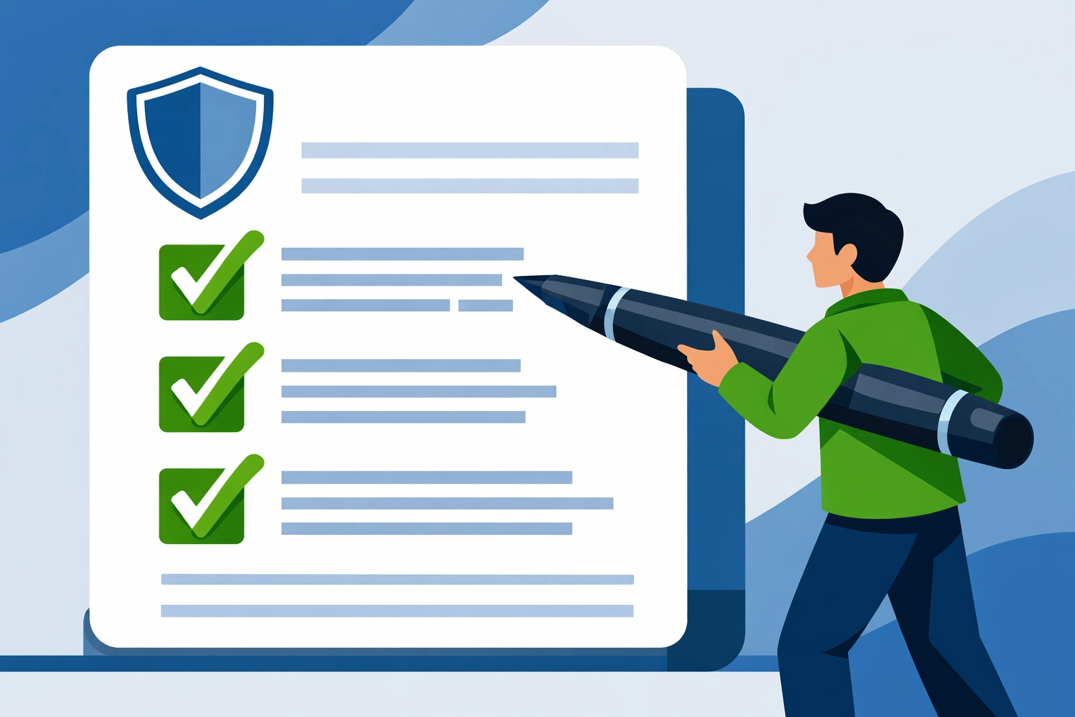 Digital document review with checkmarks and a shield icon representing secure and accurate tax filing procedures.