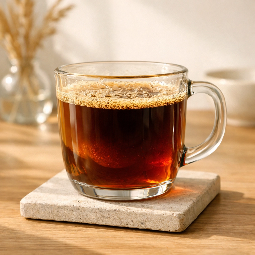 A clear mug of freshly brewed speciality coffee in a sunny kitchen.
