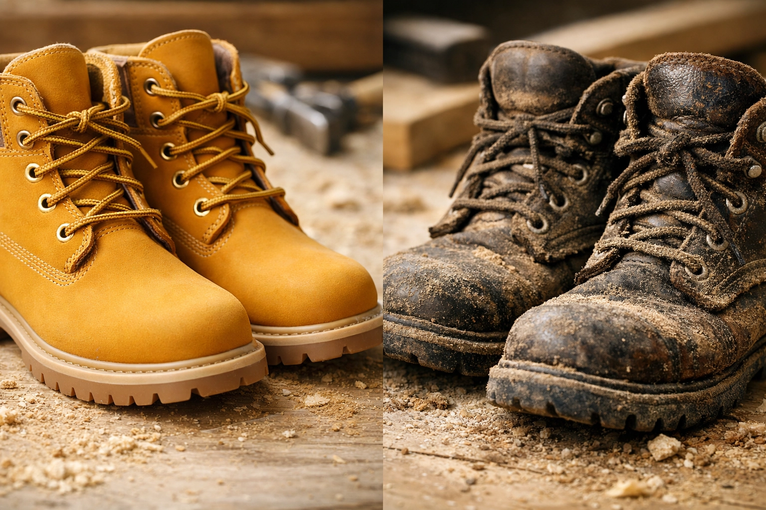 A side-by-side comparison of pristine work boots and worn leather boots symbolizing character in the trades.