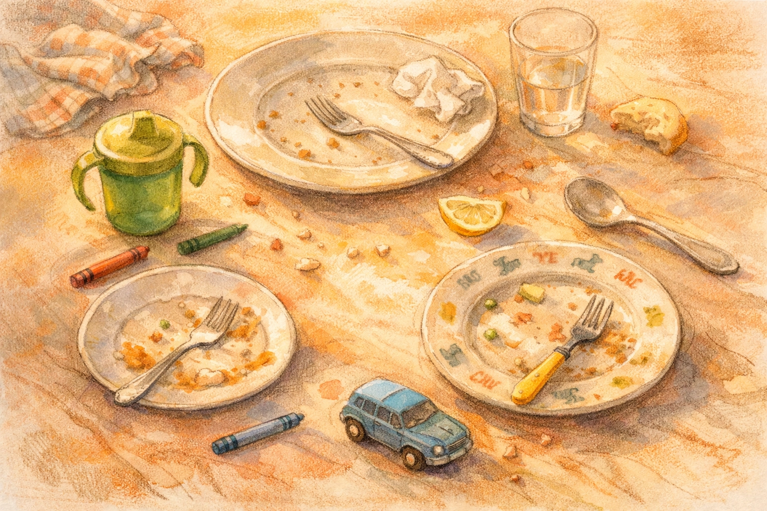 Family dinner table with scattered toys and dishes showing the beautiful mess of daily family life