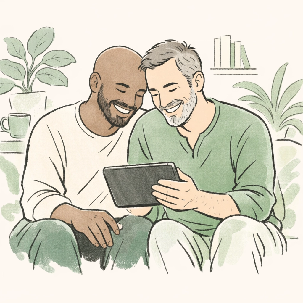 Diverse gay couple laughing while reading MM romance on a tablet, finding community through gay fiction.
