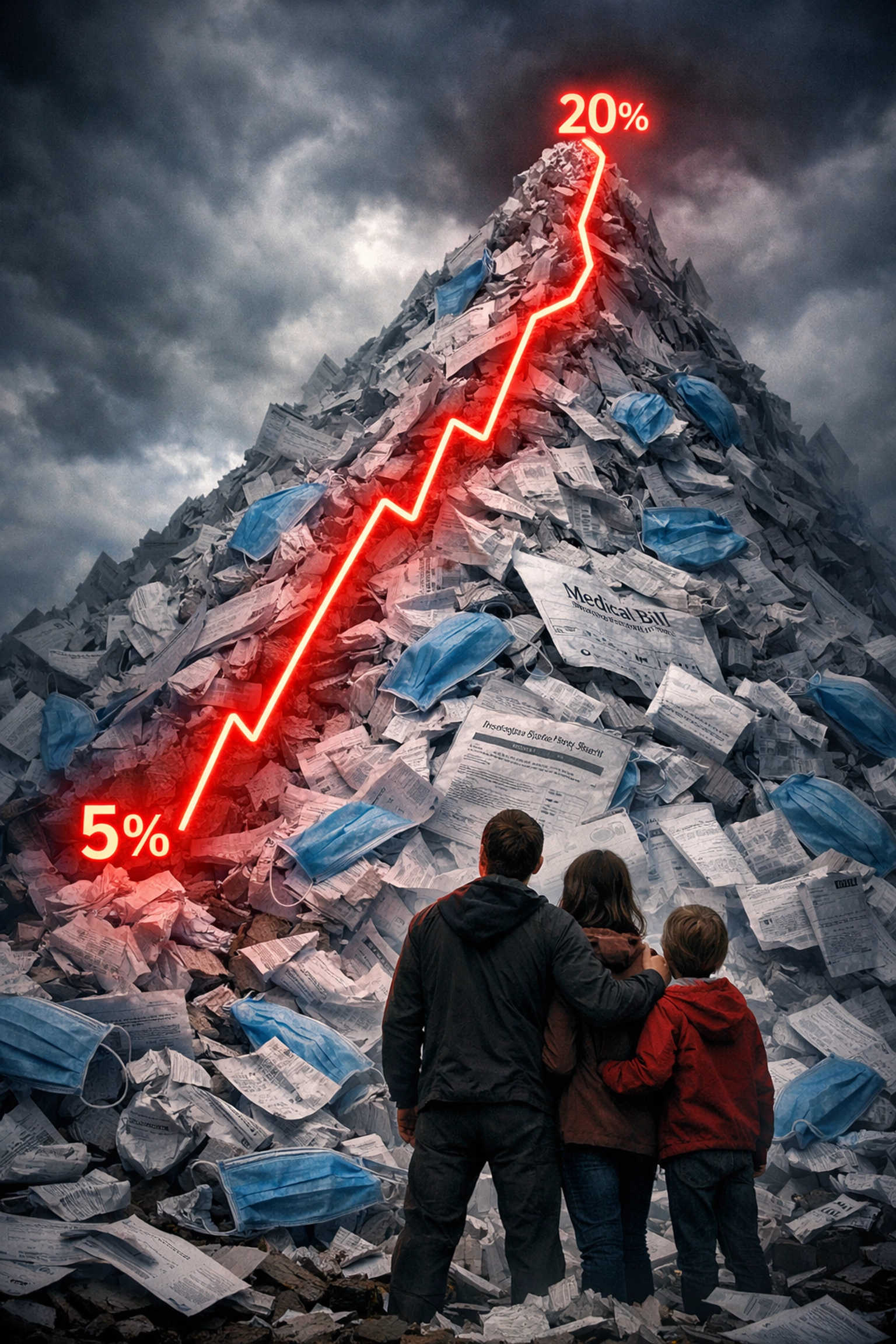 Family facing a mountain of medical bills showing rising US healthcare costs as a share of GDP