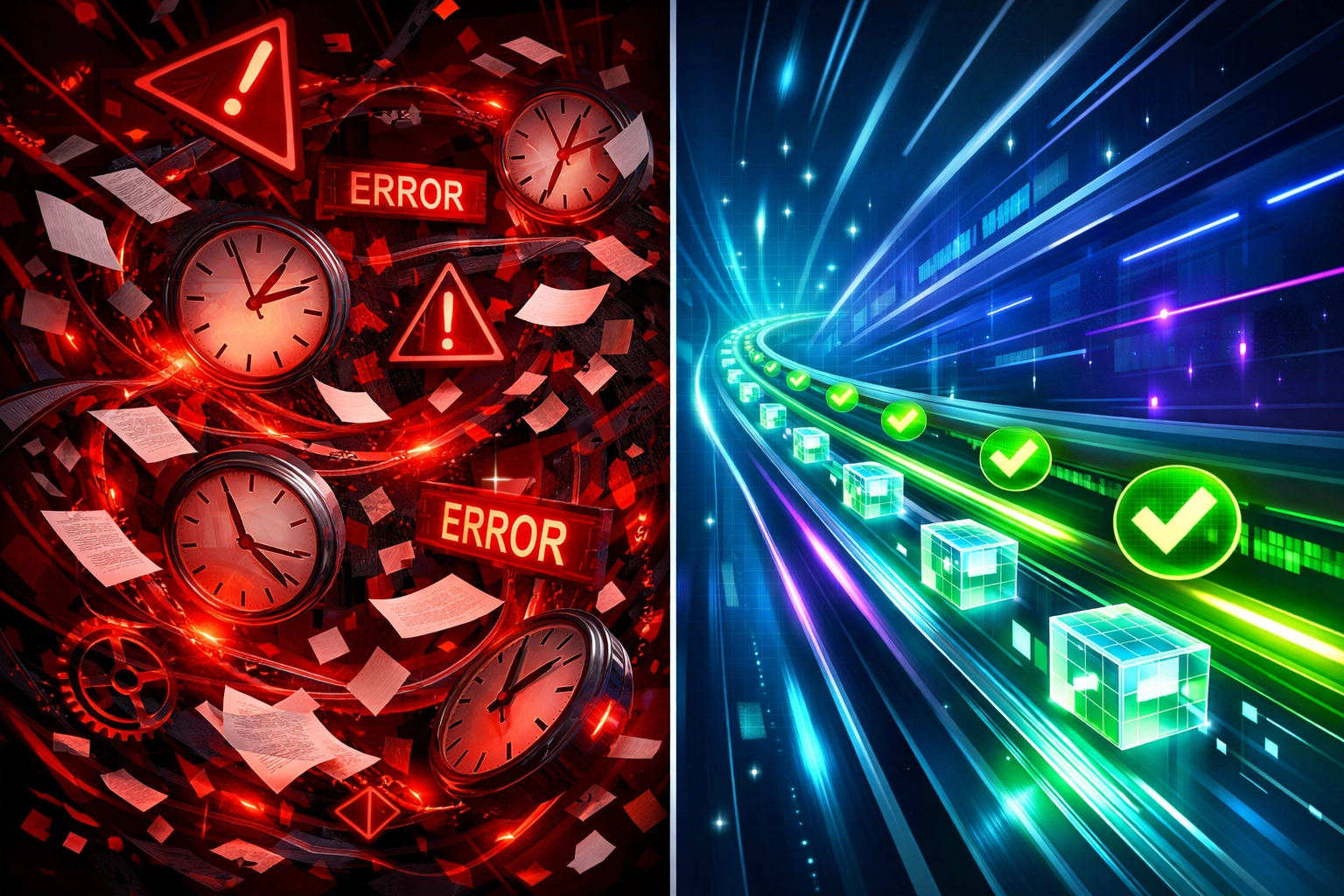 Chaotic manual workflow errors versus streamlined AI automation efficiency comparison
