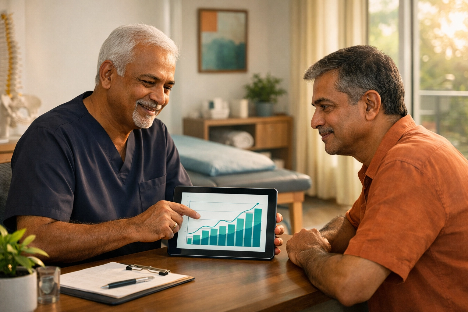 Personalized physiotherapy consultation in Kozhikode showing a specialist reviewing a recovery plan with a patient.